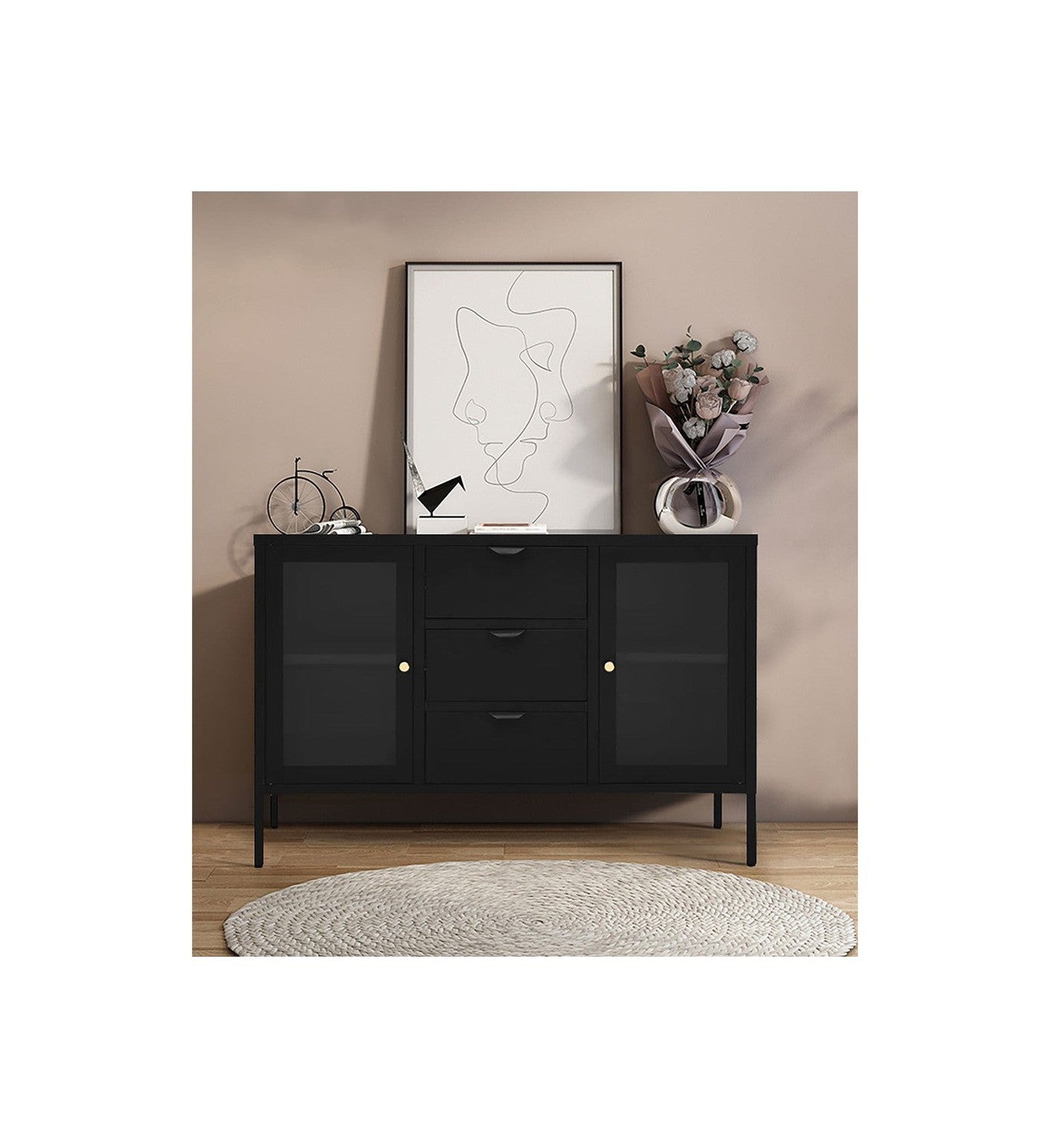 House Nordic Dalby Sideboard, Steel, 2 Glass Doors, 3 Drawers, Black, 140x40x85 Cm