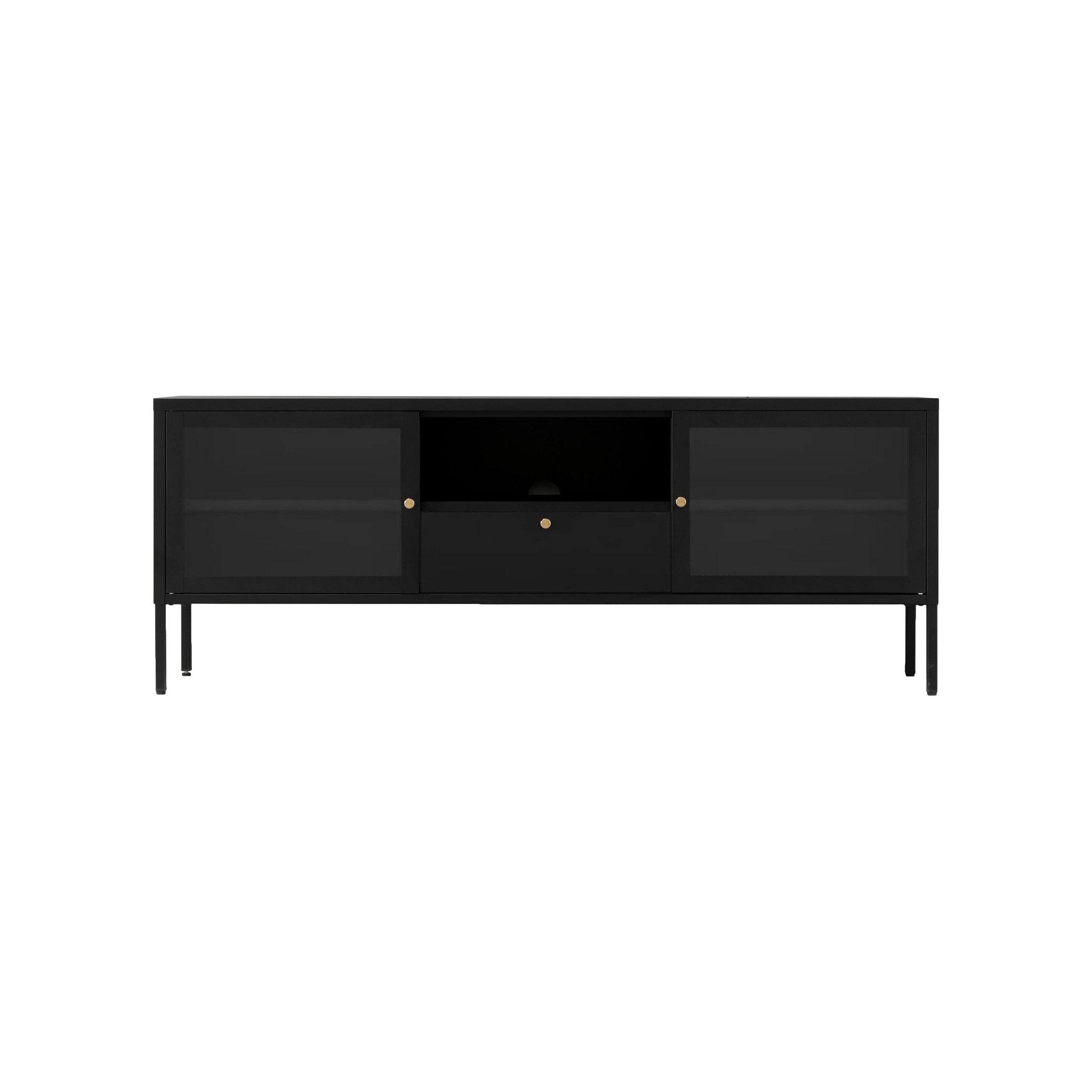 House Nordic Dalby Tv Bench, 2 Glass Doors, 1 Drawer, Steel, Black, 150x35x60 Cm