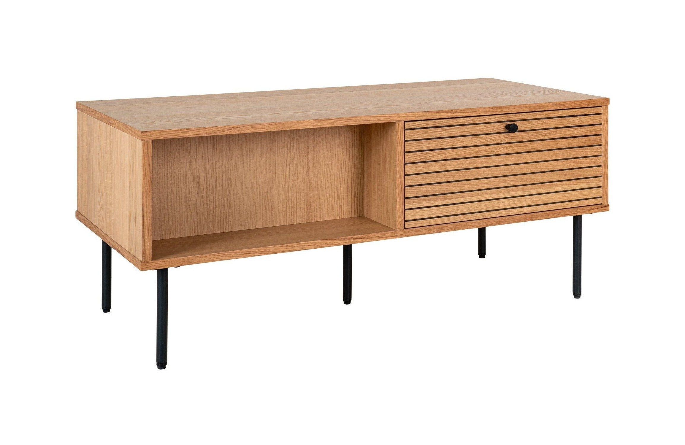 House Nordic Kyoto Coffee Table, 2 Drawers, Oak Veneer, Natural, Black Metal Legs, 50x100x45 Cm