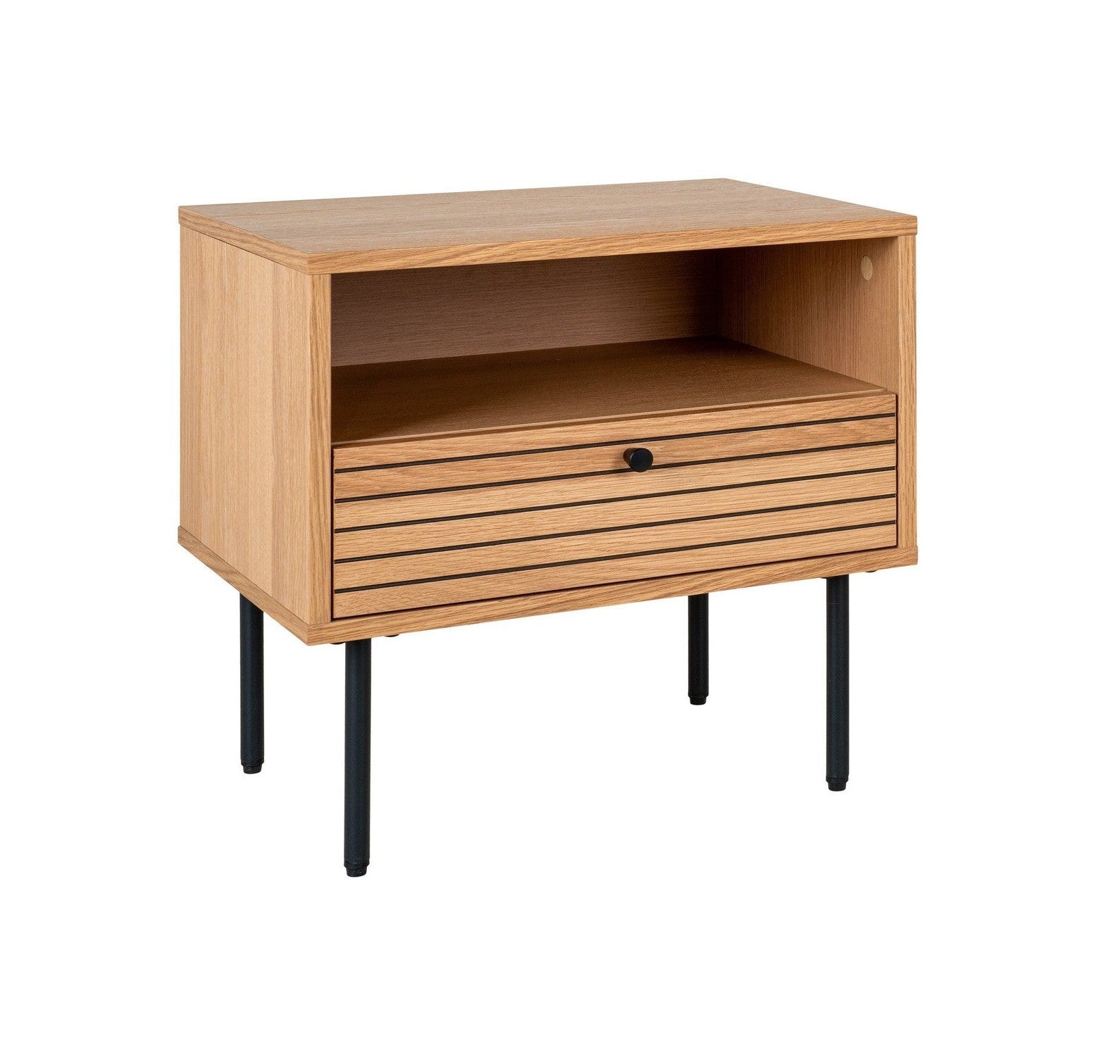 House Nordic Kyoto Side Table, 1 Drawer, Oak Veneer, Natural, Black Metal Legs, 50x40x50 Cm