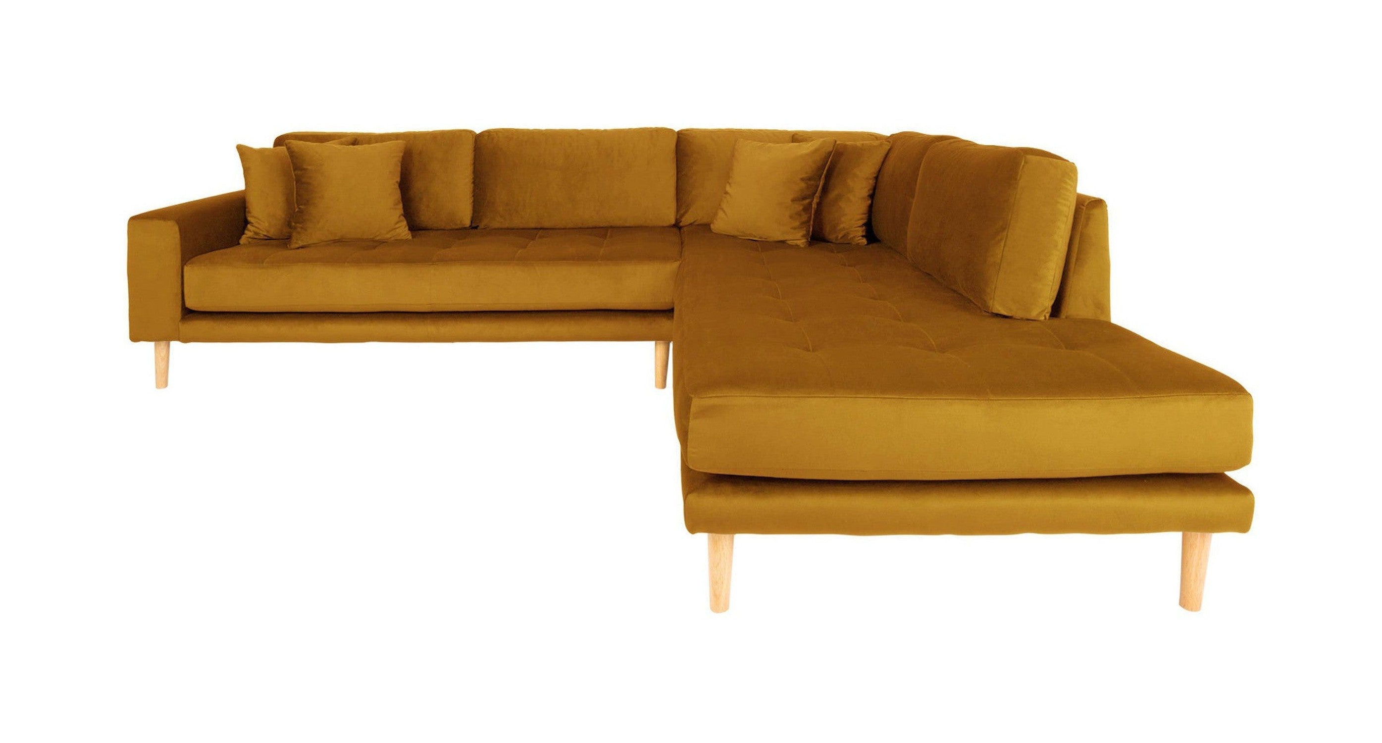 House Nordic Lido Cornersofa Open End, Rightfacing In Mustard Yellow Velvet With Four Pillows And