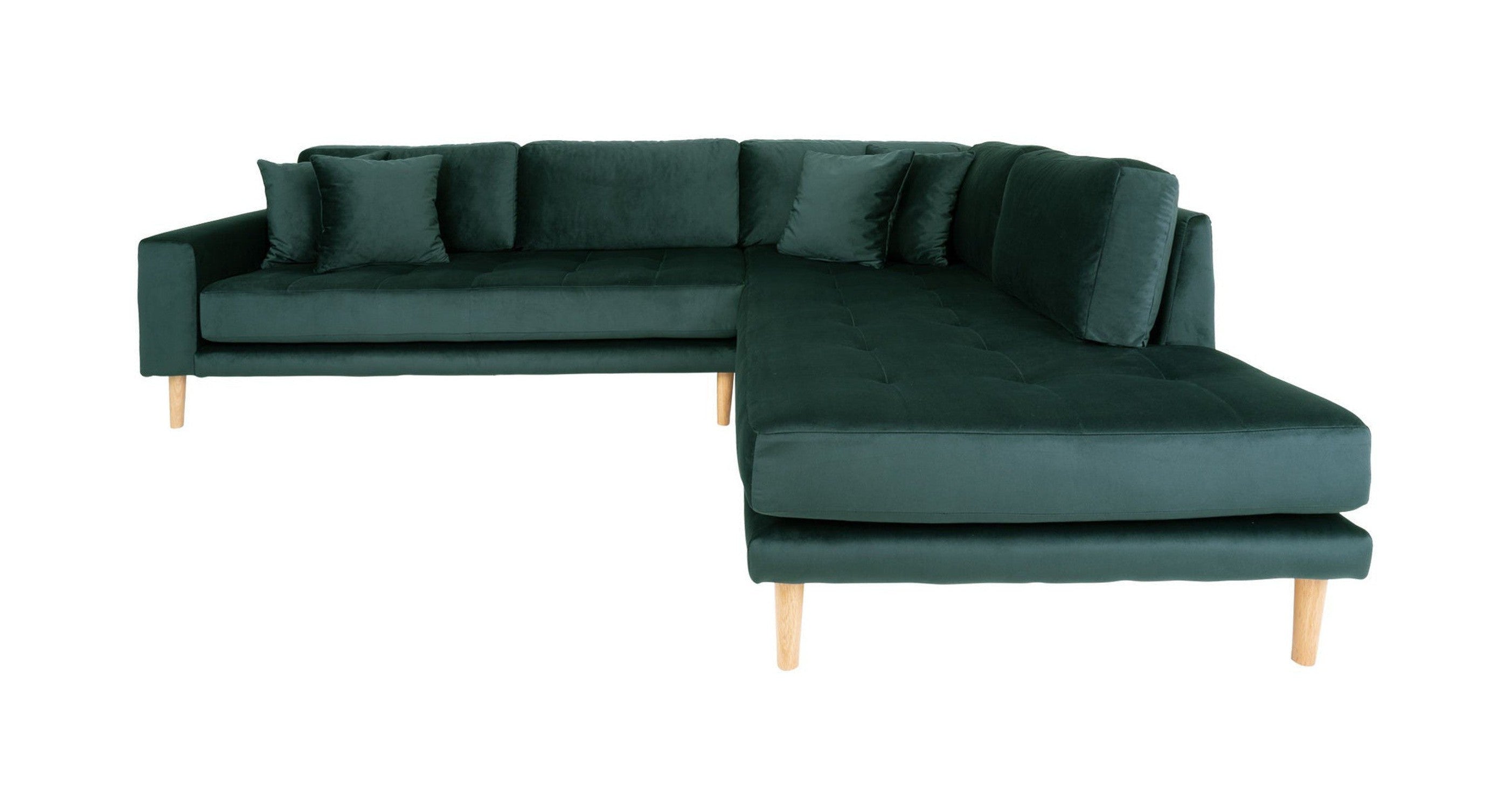 House Nordic Lido Corner Sofa With Open End, Right Facing In Velvet Green With Four Pillows And Natural