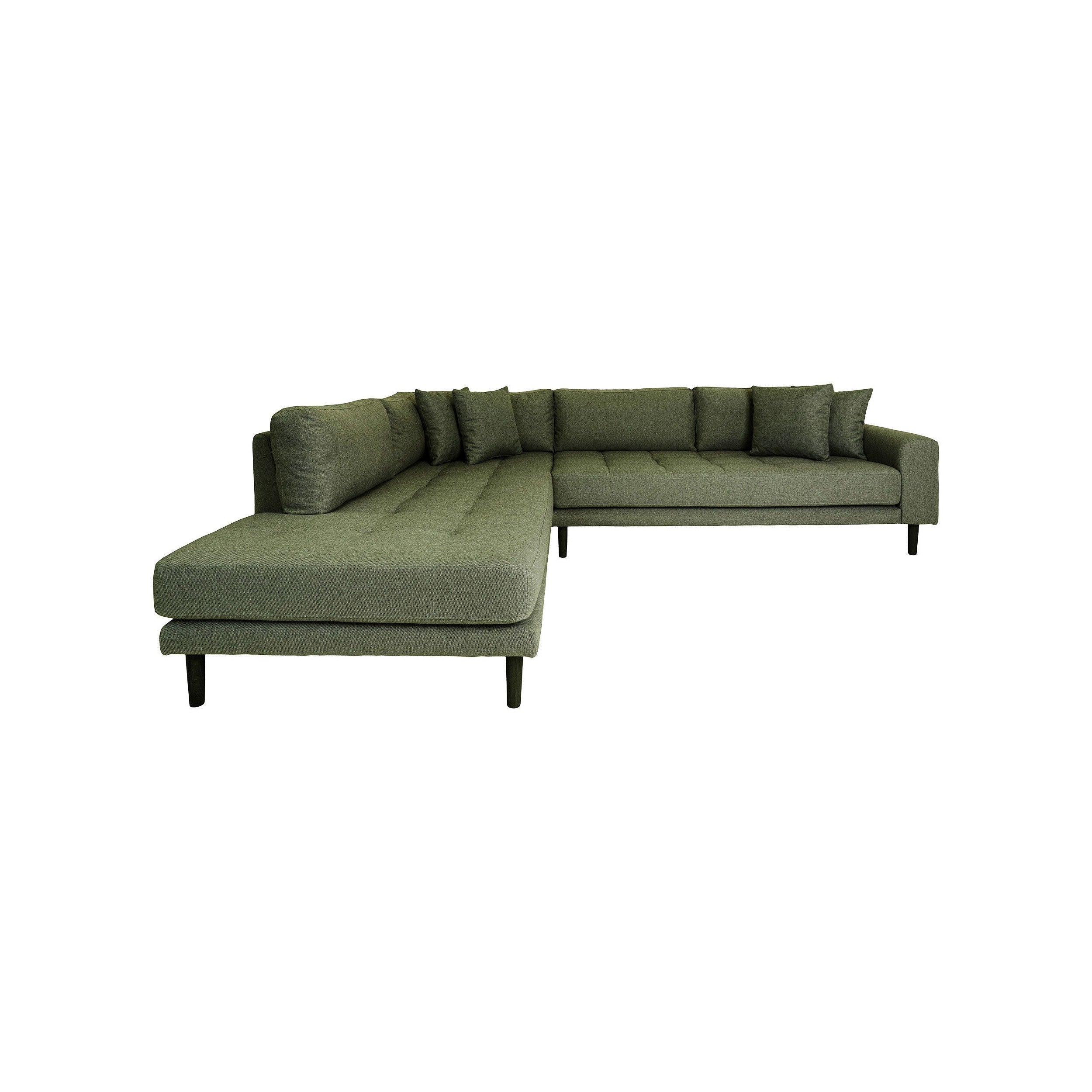 House Nordic Lido Corner Sofa With Open End, Left Facing In Olive Green With Four Pillows And Black Wood Legs,