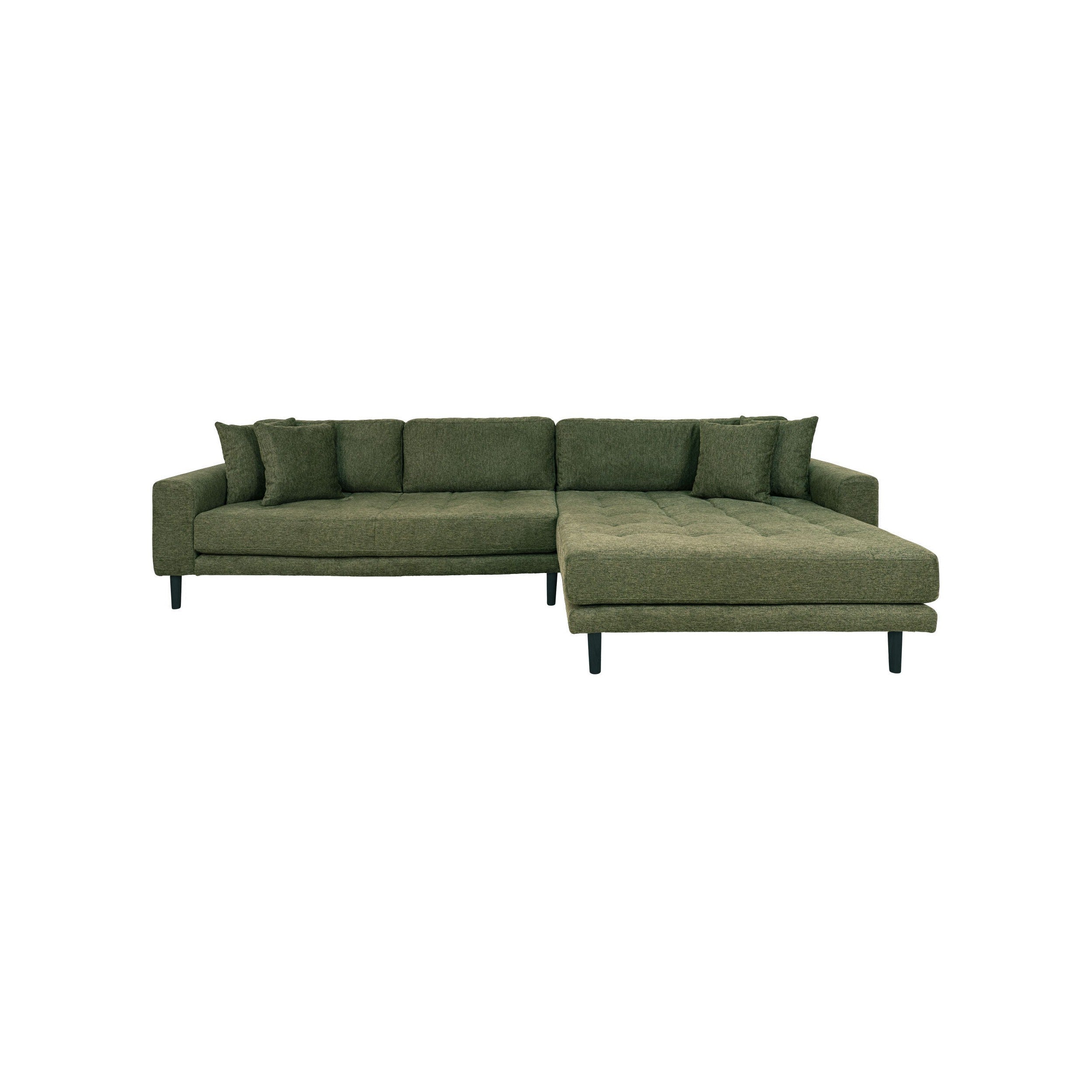 House Nordic Lido Lounge Sofa, Right Facing In Olive Green With Four Pillows And Black Wood Legs, Hn1020