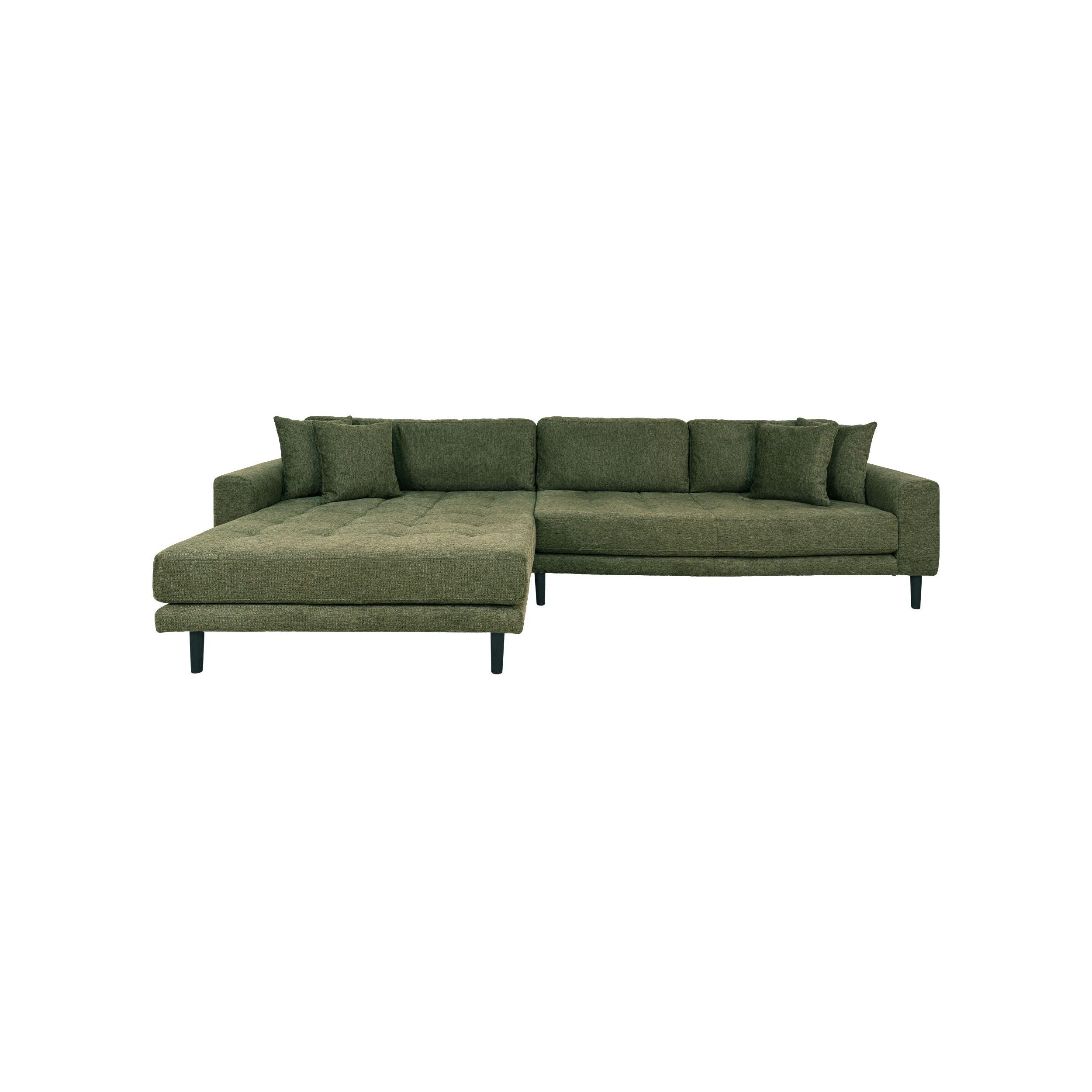 House Nordic Lido Lounge Sofa, Left Facing In Olive Green With Four Pillows And Black Wood Legs, Hn1020