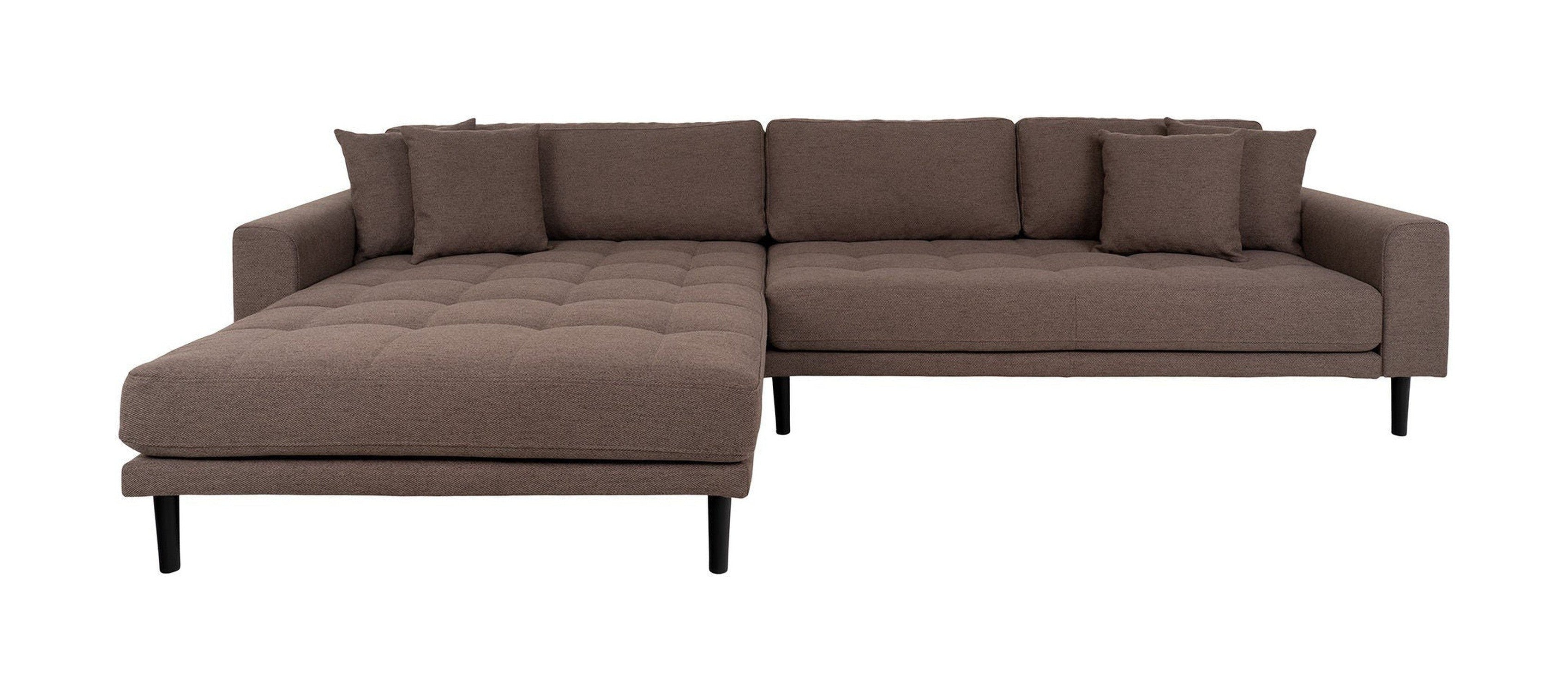 House Nordic Lido Lounge Sofa, Left Facing In Brown With Four Pillows And Black Wood Legs, Hn1055