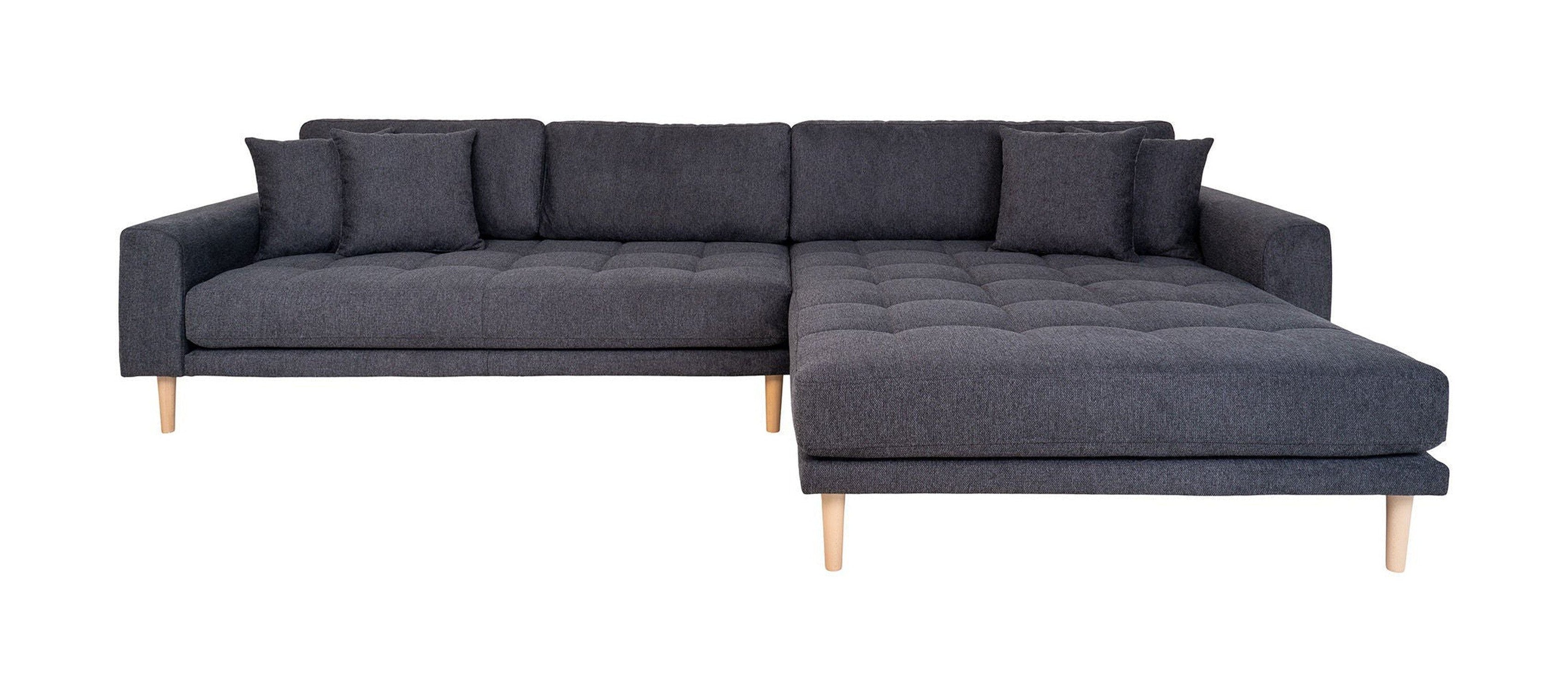 House Nordic Lido Lounge Sofa, Right Facing In Dark Grey With Four Pillows And Nature Wood Legs, Hn1045