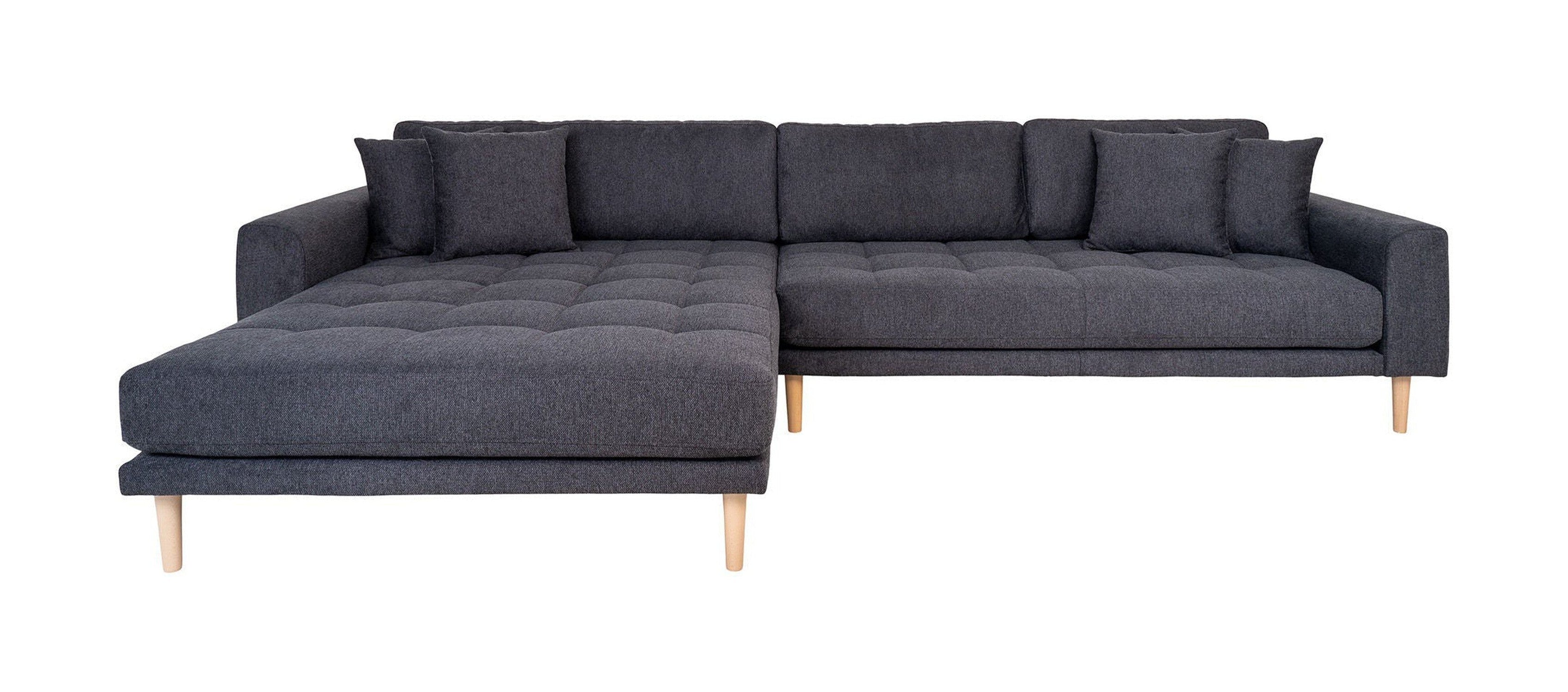 House Nordic Lido Lounge Sofa, Left Facing In Dark Grey With Four Pillows And Nature Wood Legs, Hn1045