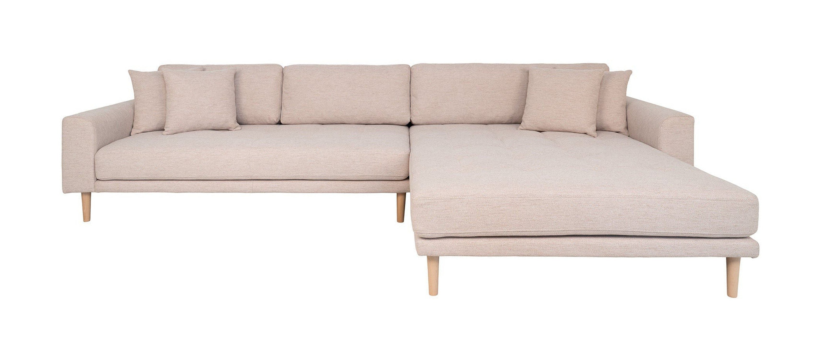 House Nordic Lido Lounge Sofa, Right Facing In Sand With Four Pillows And Nature Wood Legs, Hn1050