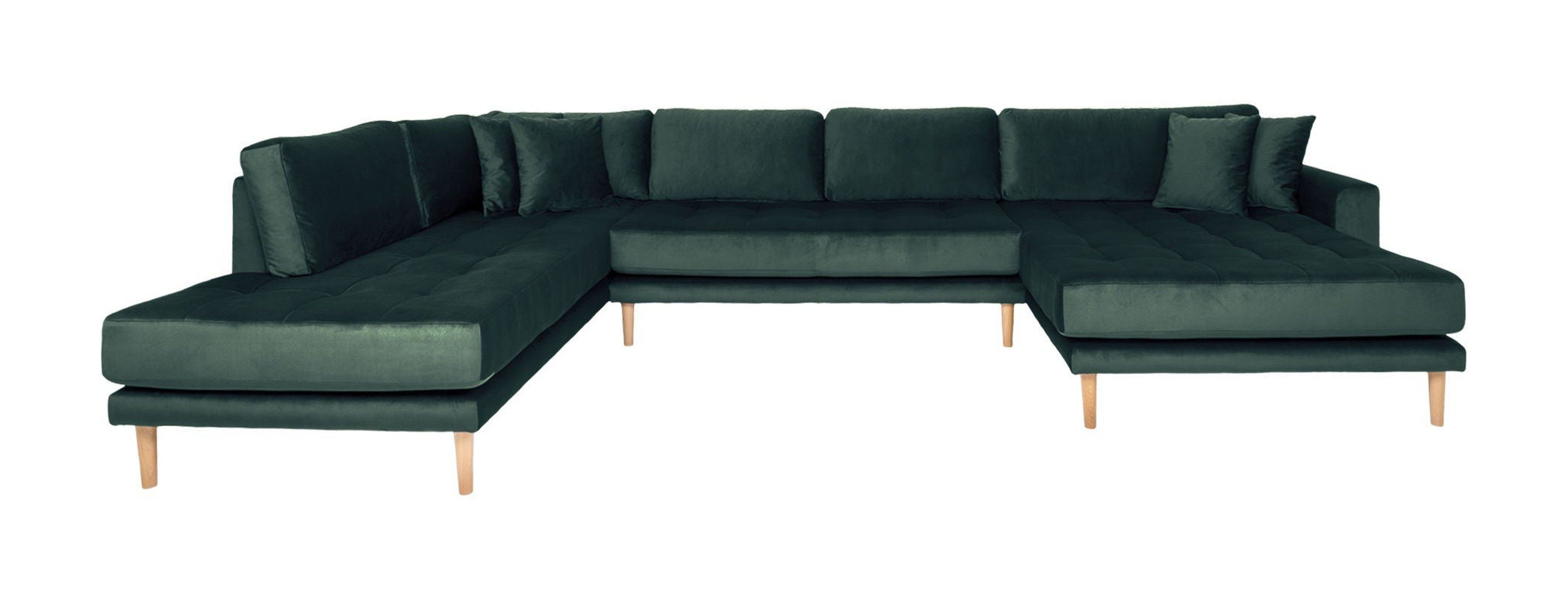 House Nordic Lido U Sofa Open End, Right Facing In Dark Green Velvet With Four Pillows And Natural