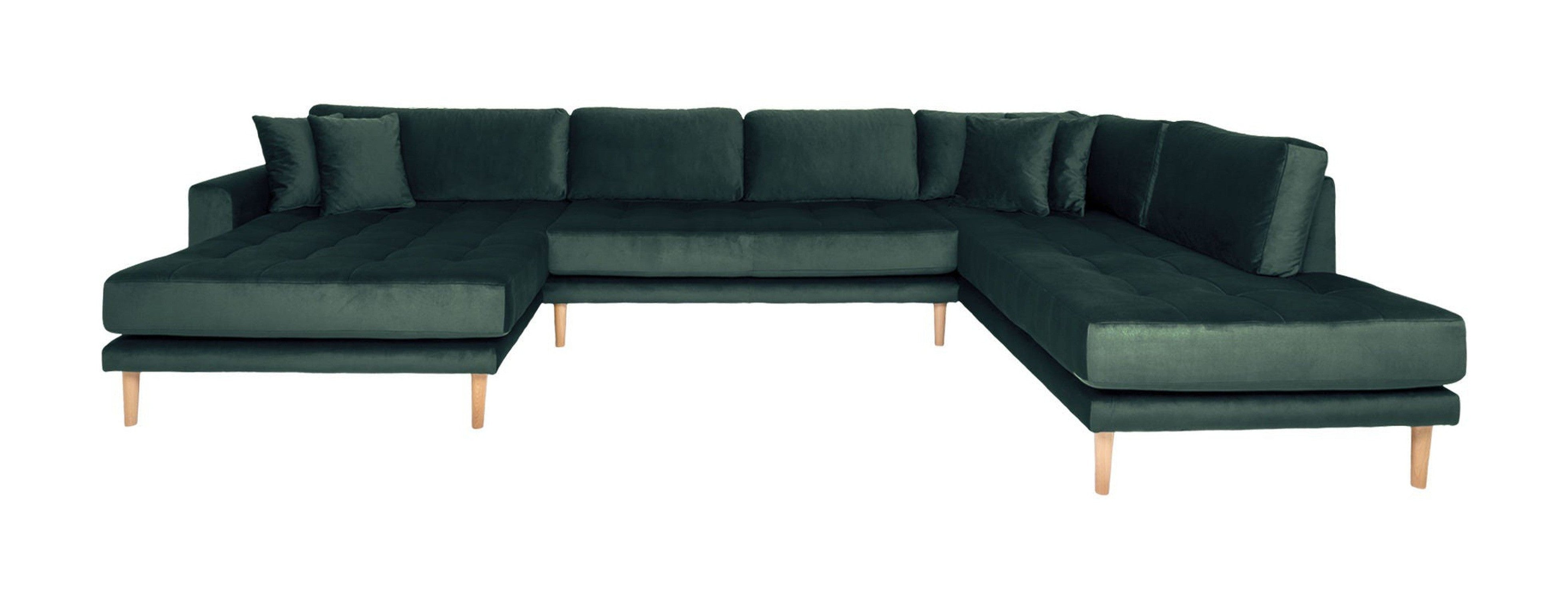 House Nordic Lido U Sofa Open End, Left Facing In Dark Green Velvet With Four Pillows And Natural