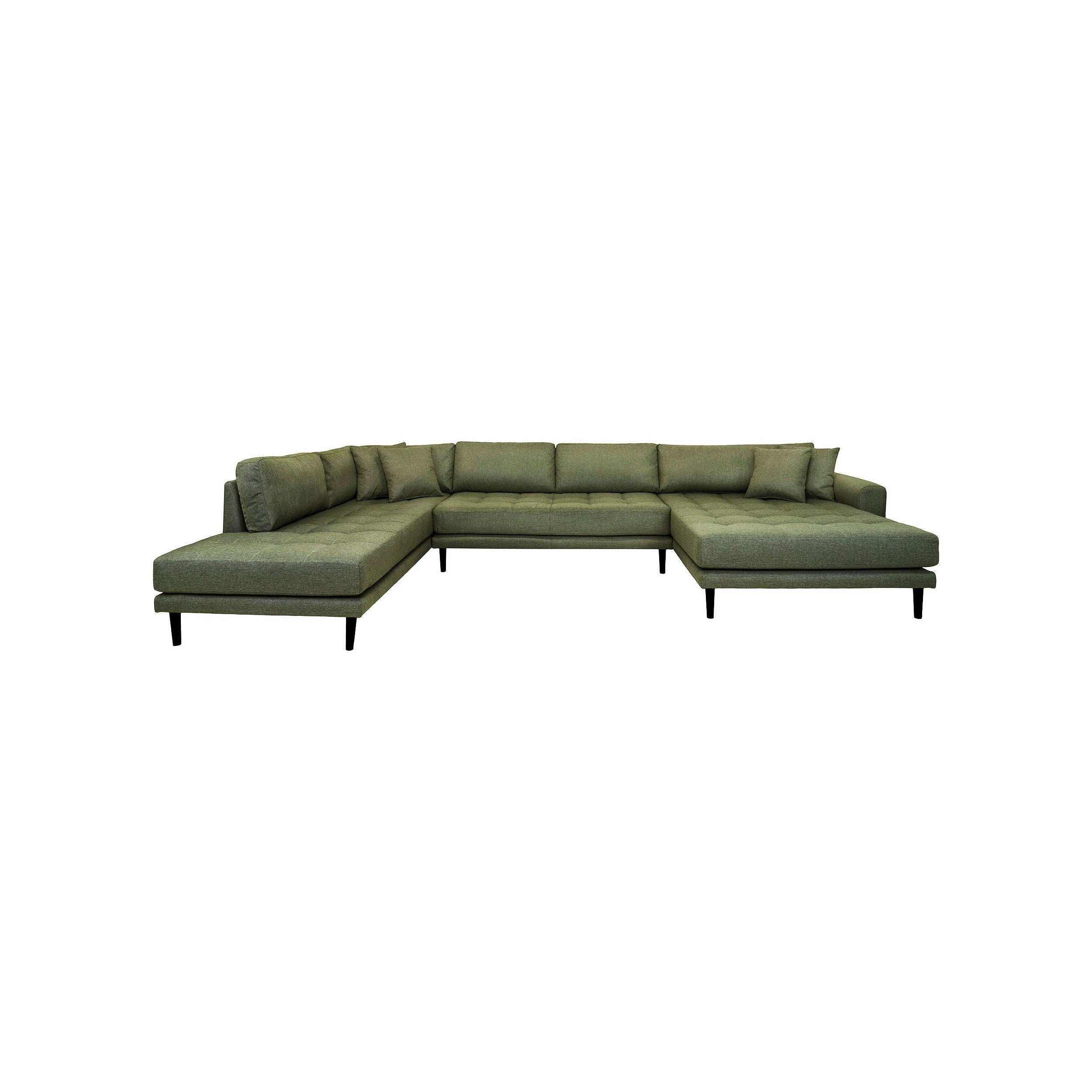 House Nordic Lido U Sofa Open End, Right Facing In Olive Green With Four Pillows And Black Wood Legs, Hn1020