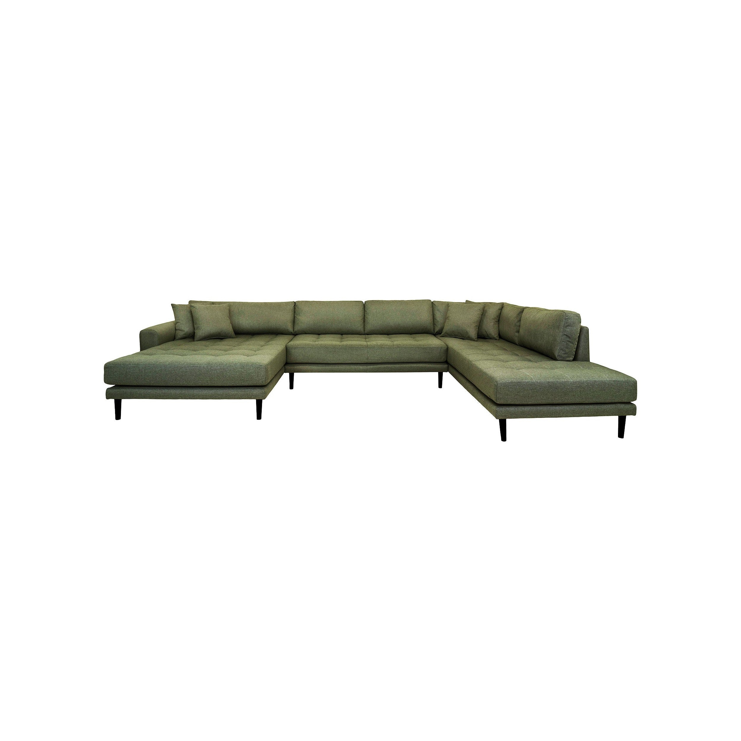 House Nordic Lido U Sofa Open End , Olive Green With Four Pillows And Black Wood Legs, Hn1020