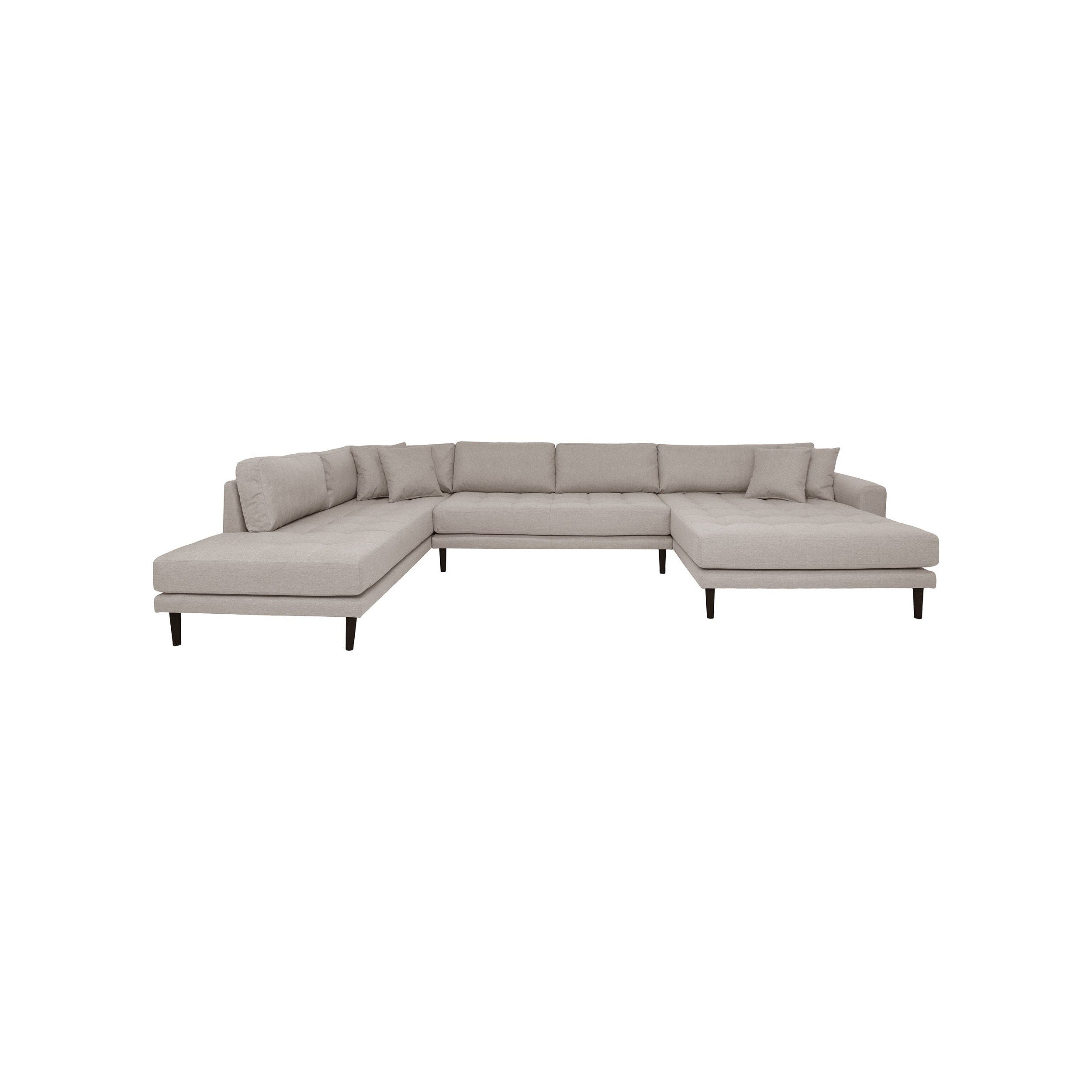 House Nordic Lido U Sofa Open End, Right Facing In Stone With Four Pillows And Black Wood Legs, Hn1030