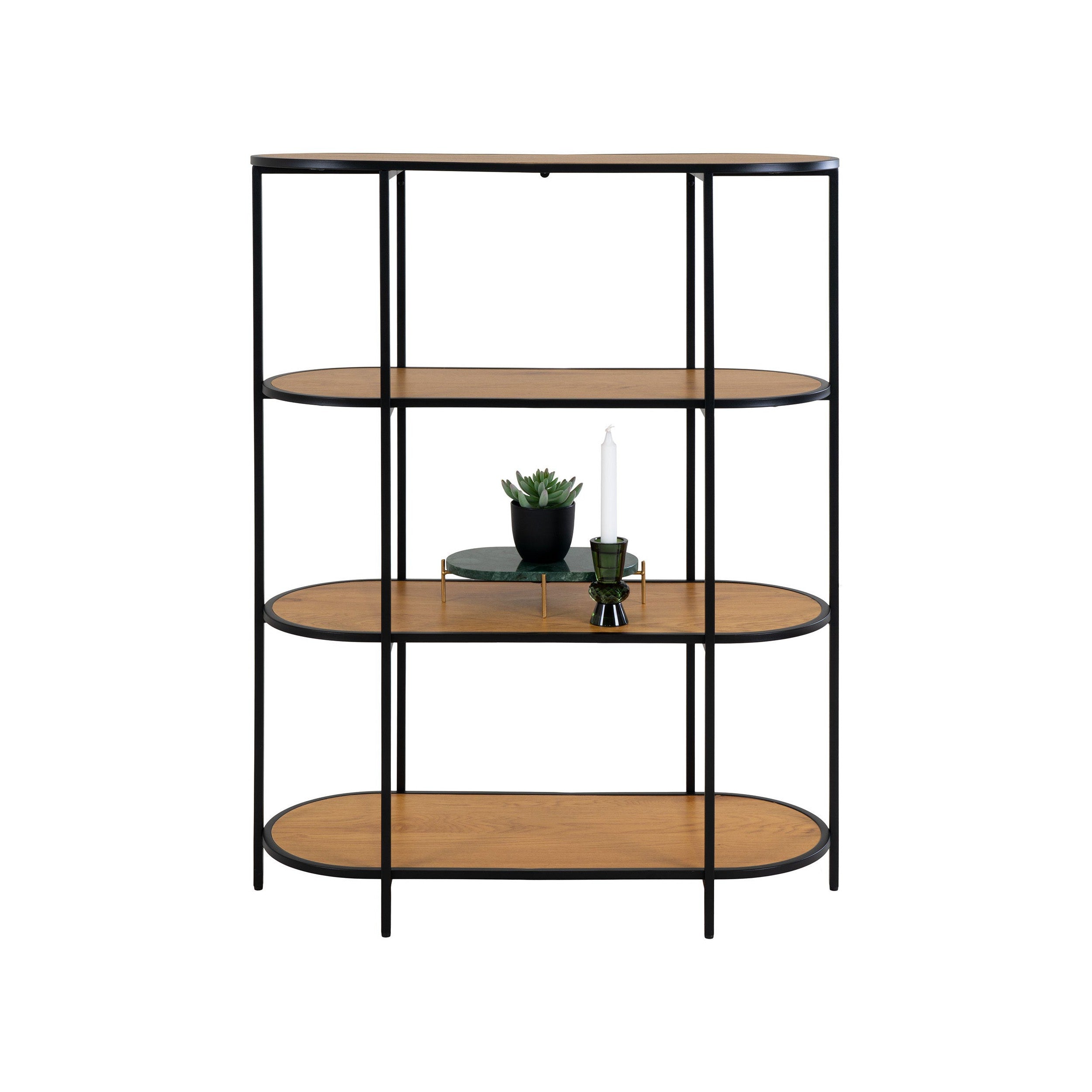 House Nordic Vita Shelf Oval, 4 Shelves, Oak Look, Black Frame, 85x36x111 Cm